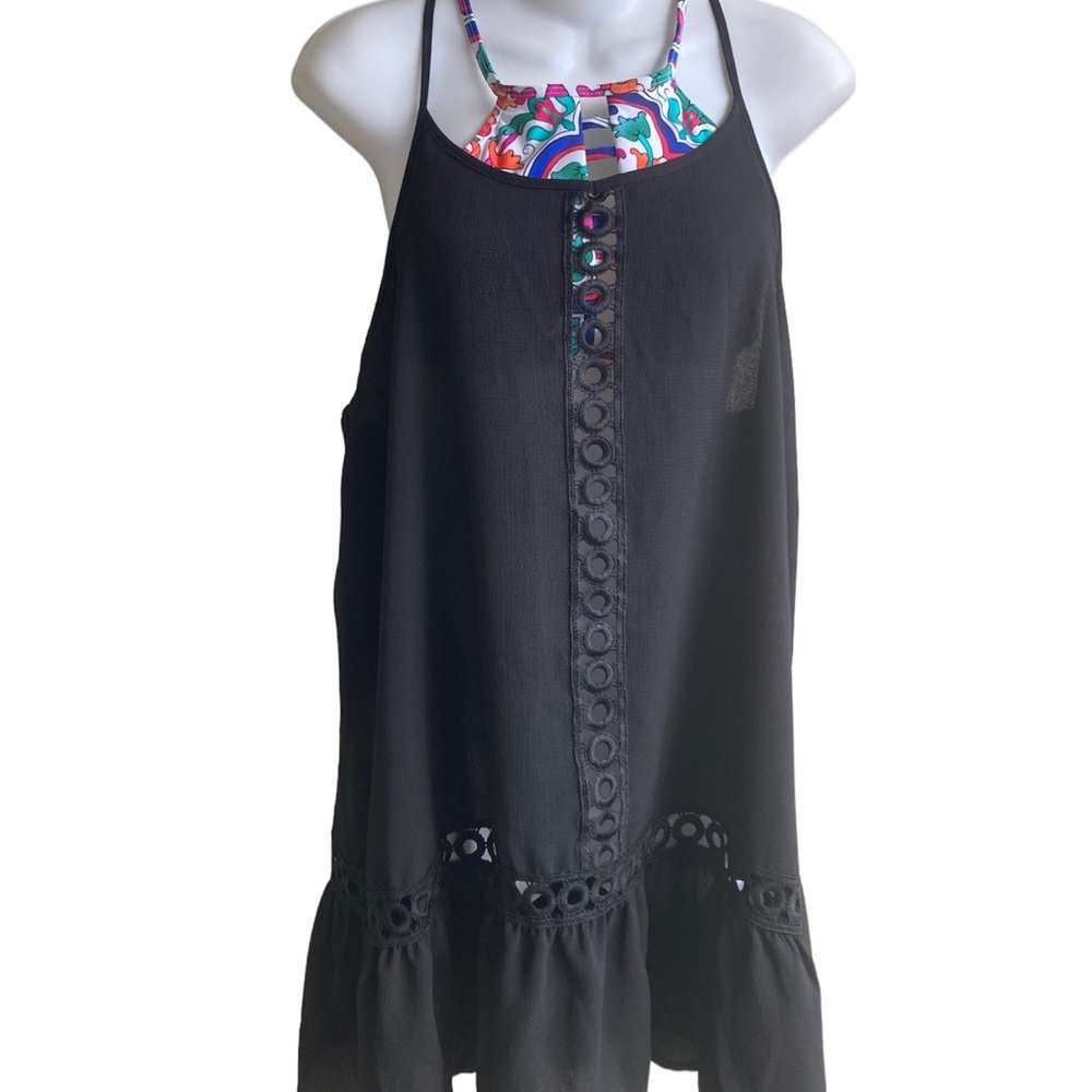 Freshwater Black Swim Beach Cover-up Dress Size Small Tiered Lace Inserts NWT